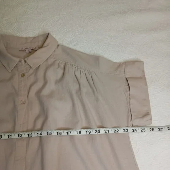 Coastal Comfort Shirt Dress Linen Blend Button-Up With Pockets Size M Beige - Picture 10 of 11